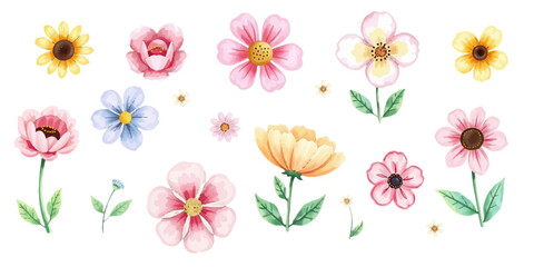 Obraz premium set of flowers, daisies, roses, summer wildflowers, in watercolor style, hand drawn texture, perfect for children's prints, stickers, patterns and greeting cards, isolated on white background.