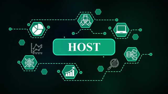 Host technology network with data icons and connections| Advanced 4K Business Visualization