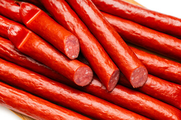 Smoked sausages close-up, food background