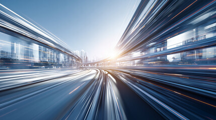 Dynamic Cityscape View with Motion Blur of Skyscrapers and Urban Traffic at Sunset
