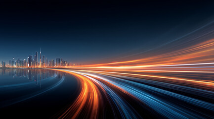 Dynamic Light Trails Over a Modern City Skyline at Dusk with Vibrant Colors and Reflections