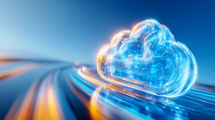 Digital cloud computing concept with glowing effects in a futuristic abstract landscape