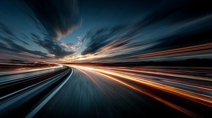 Dynamic Light Trails of Vehicles on a Highway at Dusk with Beautiful Cloudy Sky and Movement Effect