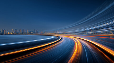Dynamic Night Urban Scene with Light Trails of Cars and Skyscrapers in the Background