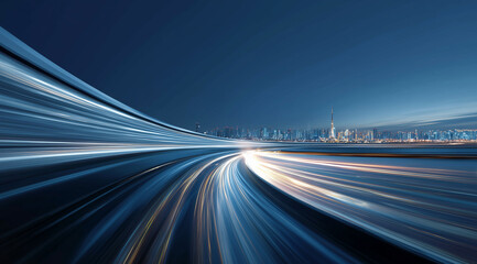 Dynamic Nightscape of City Skyline with Bright Light Trails and Smooth Flowing Motion in Urban Environment
