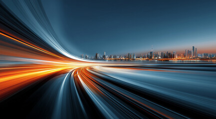 Dynamic Urban Skyline at Twilight with Motion Blur Effect and Vibrant Light Trails over the Water