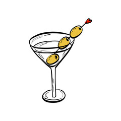 Elegant martini glass with olive doodle illustration. Ideal for bar menus, cocktail branding, and retro-style alcohol graphics