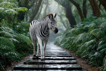 Obraz premium Zebra walks along a stone path in a lush green forest during early morning