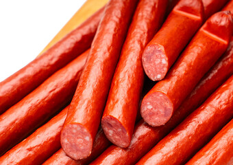 Smoked sausages close-up, food background