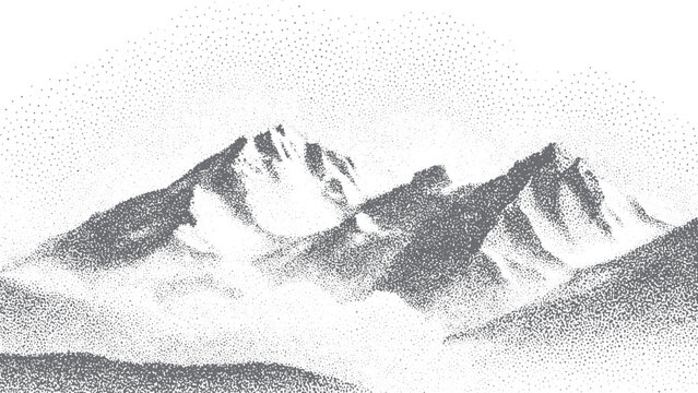 Abstract stippled mountain range in overlay pointillism grunge texture style. mounted landscape with grainy noise. Retro halftone vector illustration.