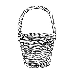 Hand drawn wicker basket with handle in vintage sketch style isolated on white background rustic container for food or gift packaging