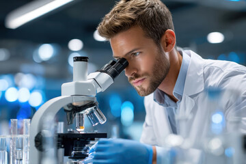 Laboratory technician conducts experiment using microscope in a modern research facility