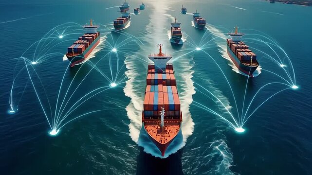 Cargo ships sailing on ocean with digital network connections