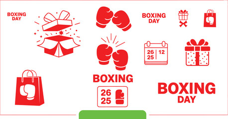 Festive boxing day icons and text elements for holiday promotions and sales
