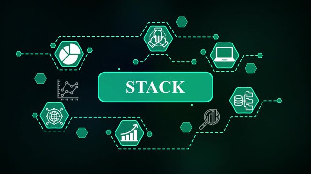 Stack technology network with data icons and connections| Advanced 4K Business Visualization