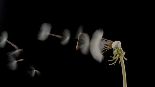 A close-up photograph captures a dandelion clock dispersing its seeds against a stark black background.