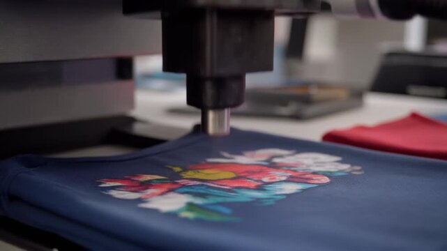 Close up of industrial printer applying design to textile fabric