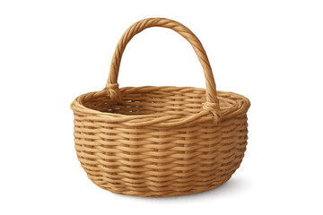 Woven wicker basket with sturdy handle, empty on transparent background