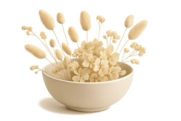 Cream bowl filled with dried beige flowers and grasses