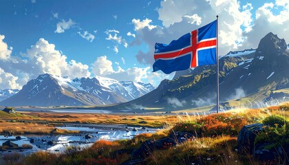 Icelandic flag waves proudly against a scenic mountain backdrop with snow caps and vibrant meadow in a digital painting