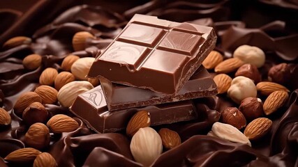 Milk chocolate bar pieces with scattered nuts. Candy shop sweet food composition. Generative AI