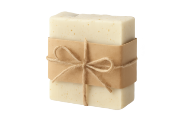 Bar of creamy soap wrapped in brown paper with string bow
