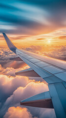 Stunning sunset view from above the clouds during a flight in the evening sky