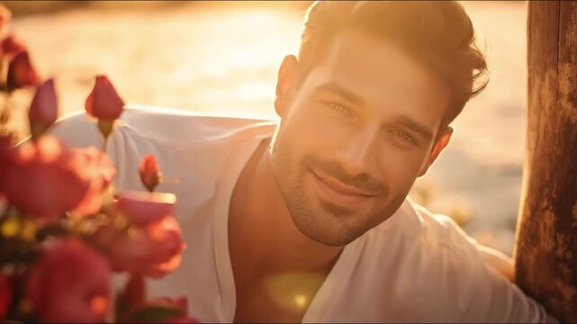 Handsome smiling young man smiling surrounded flower feeling romantic emotion. Generative AI