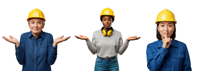 Diverse group of three professional female construction workers and engineers in yellow hard hats, making shrugging and silence gestures, isolated on a transparent background.
