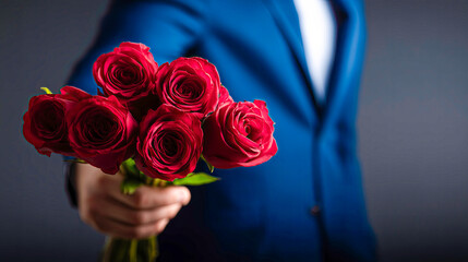 Charming gesture of love with red roses in a stylish blue suit