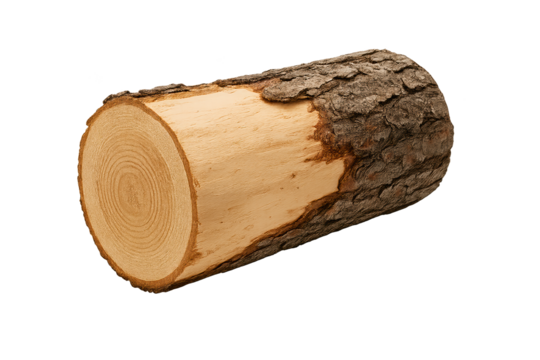 Cut log with rough bark on one side and smooth circular end, wood grain visible - Powered by Adobe