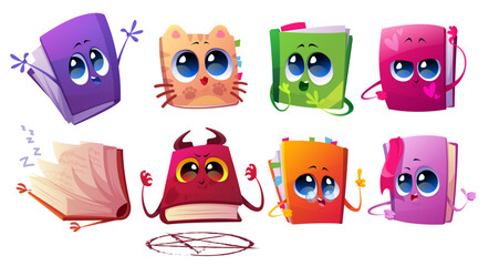 Cute books characters with bookmarks and glasses