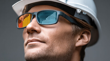 Confident male engineer wearing white safety helmet and smart glasses with colorful data graphs reflected, futuristic technology concept