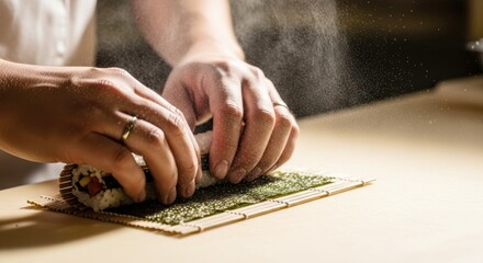 Chef preparing sushi roll with hands on bamboo mat in kitchen