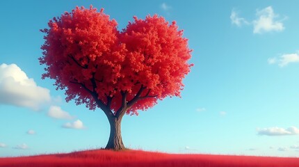 Heart-Shaped Red Tree on Grassy Hill
