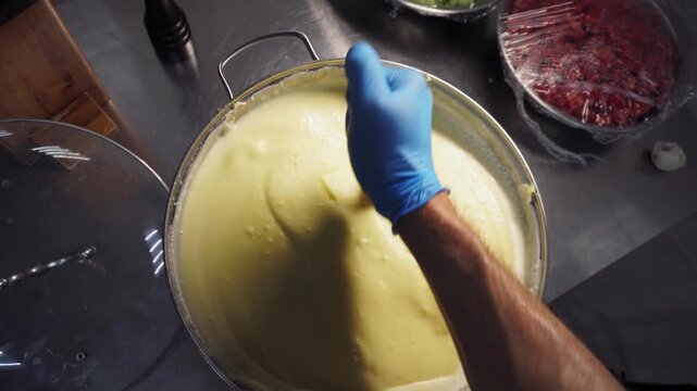 A chef by his hands in the kitchen stirs mashed potatoes in a saucepan
