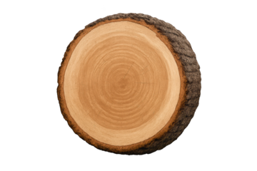 Circular cross-section of tree trunk with rough bark and visible growth rings