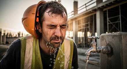 Construction worker takes a refreshing break from intense heat by splashing cool water onto his face at a job site faucet