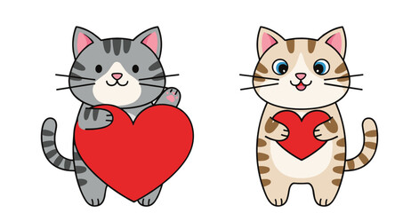Adorable cat mascots hugging heart shape in playful cartoon flat vector illustration for romantic and kids concepts