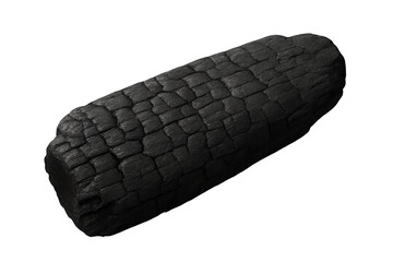 Charcoal briquette log with cracked black surface, cylindrical fuel for grilling