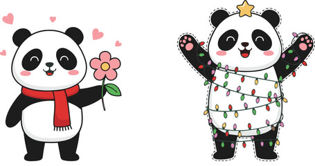 Adorable panda mascots holding flower and wrapped in festive lights in cute cartoon flat vector illustration