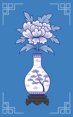 Chinese peony flower  in blue and white porcelain vase illustration with frame. Monochrome Chinoiserie graphic design. 