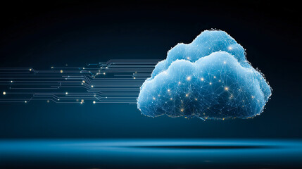 Digital cloud with glowing circuits symbolizes technology's advancement and innovation