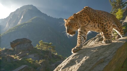 Obraz premium Powerful leopard with spotted fur confidently walks across a rocky mountain outcrop under soft daylight, showcasing its majestic presence and hunting prowess.
