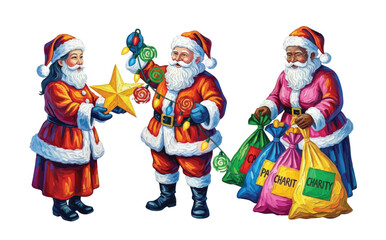 Santa Claus prepares beautiful Christmas decorative lights while organizing charity gifts for the holiday season.