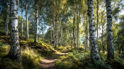 Bright day in a birch forest with dappled shade and green undergrowth