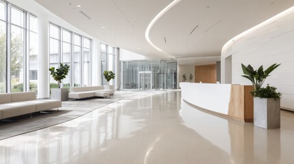 Bright modern office lobby with white walls, minimalist seating and warm daylight