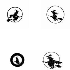 Flying Witch Silhouette Icons on Broomstick in Circular Frames Set