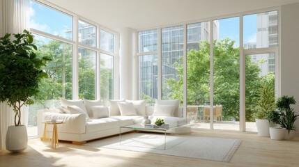 Bright white minimalist living space with expansive floor-to-ceiling windows and natural light