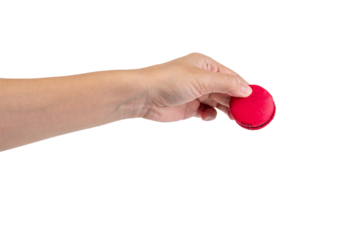 Pink and red macarons in hand on transparent background